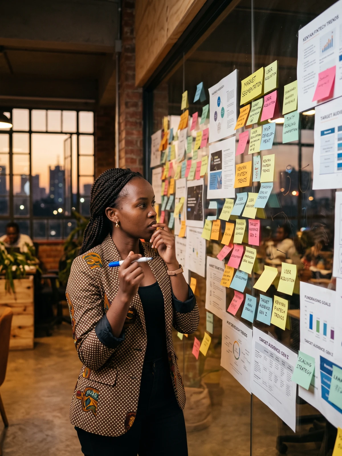 Kenyan founder at notes wall in a Nairobi co-working space