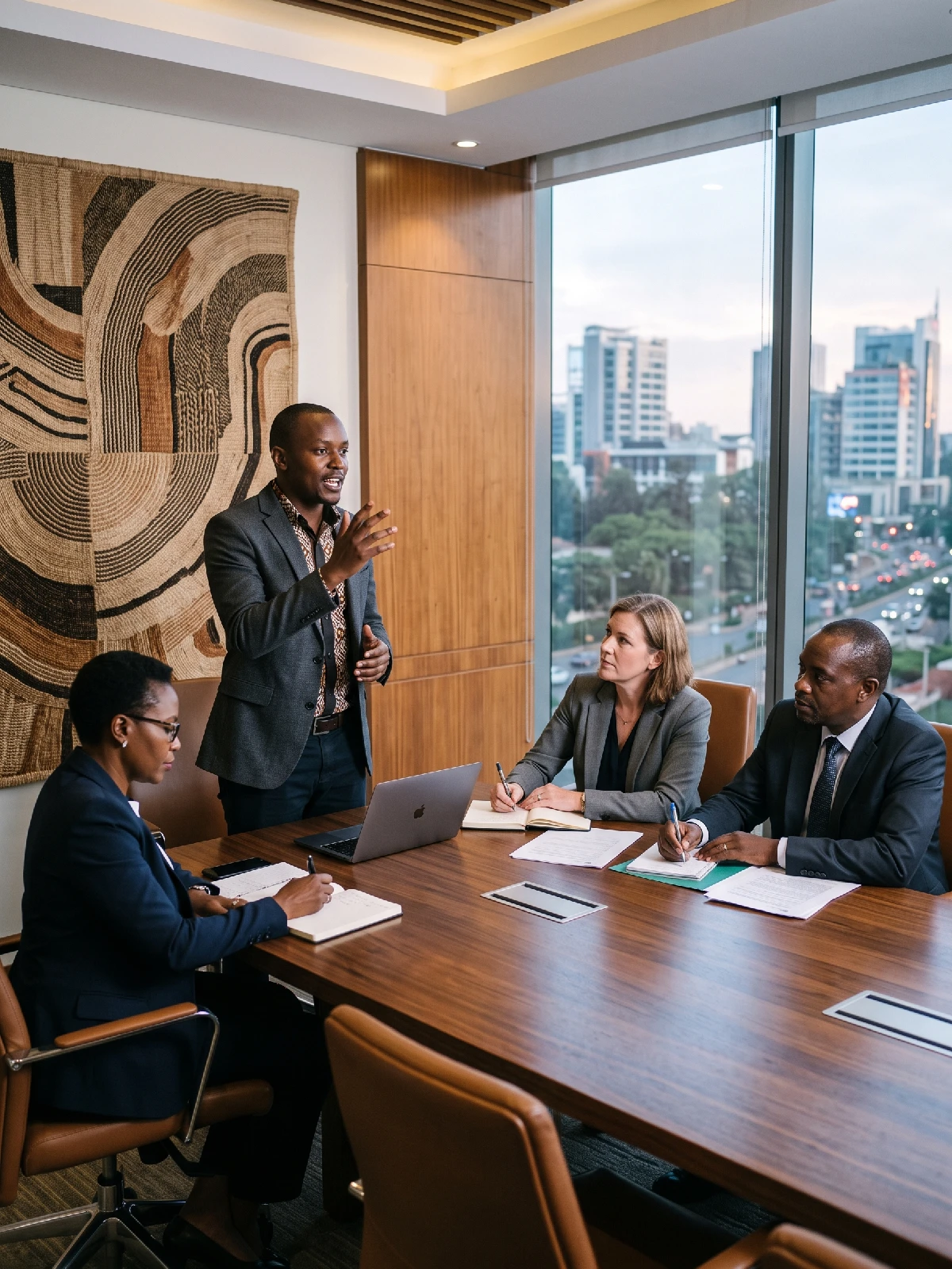 Founder pitching to evaluators in a Nairobi boardroom